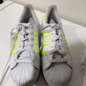 Adidas White and Lime Green Striped Sneakers